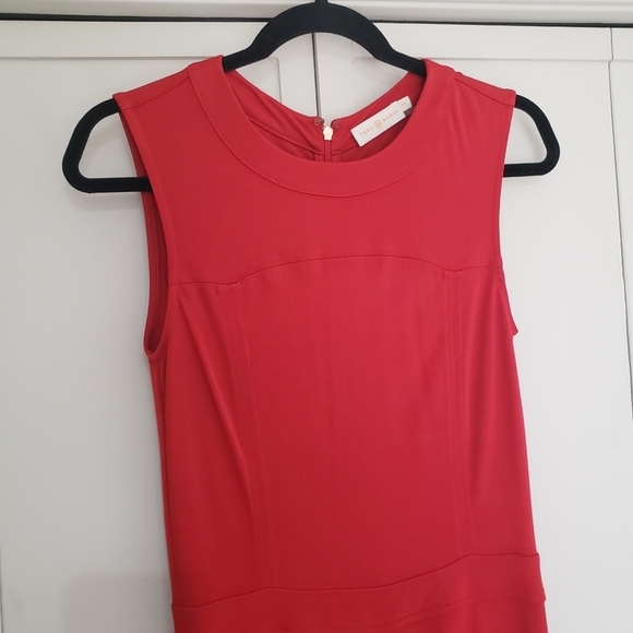 Tory Burch Sheath Dress Deeann Holiday Red Jersey Fluted Hem Size XS - Picture 4 of 12